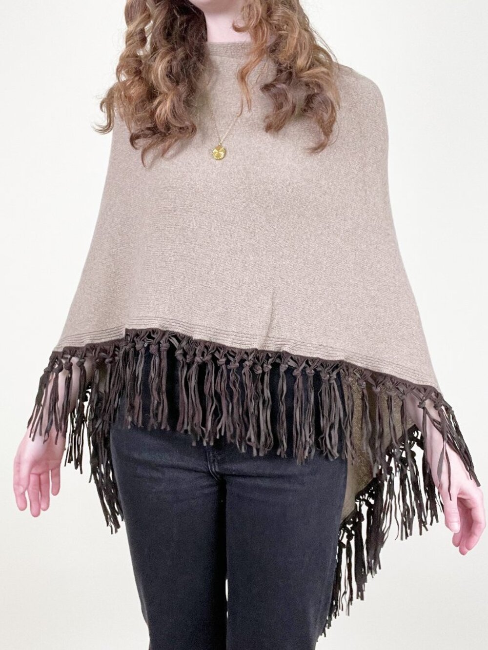 New Cashmere Wool Leather Fringe Poncho Sweater Western Boho Fall Cozy Bohemian - Picture 2 of 9